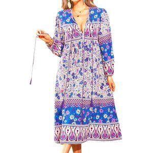 R. Vivimos Long Sleeve Floral Paisley Boho Chic Midi‎ Dress Size M